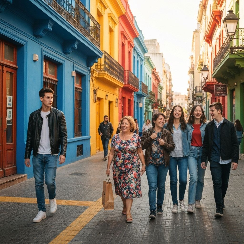 Travelers in a vibrant Buenos Aires street scene, Argentina
